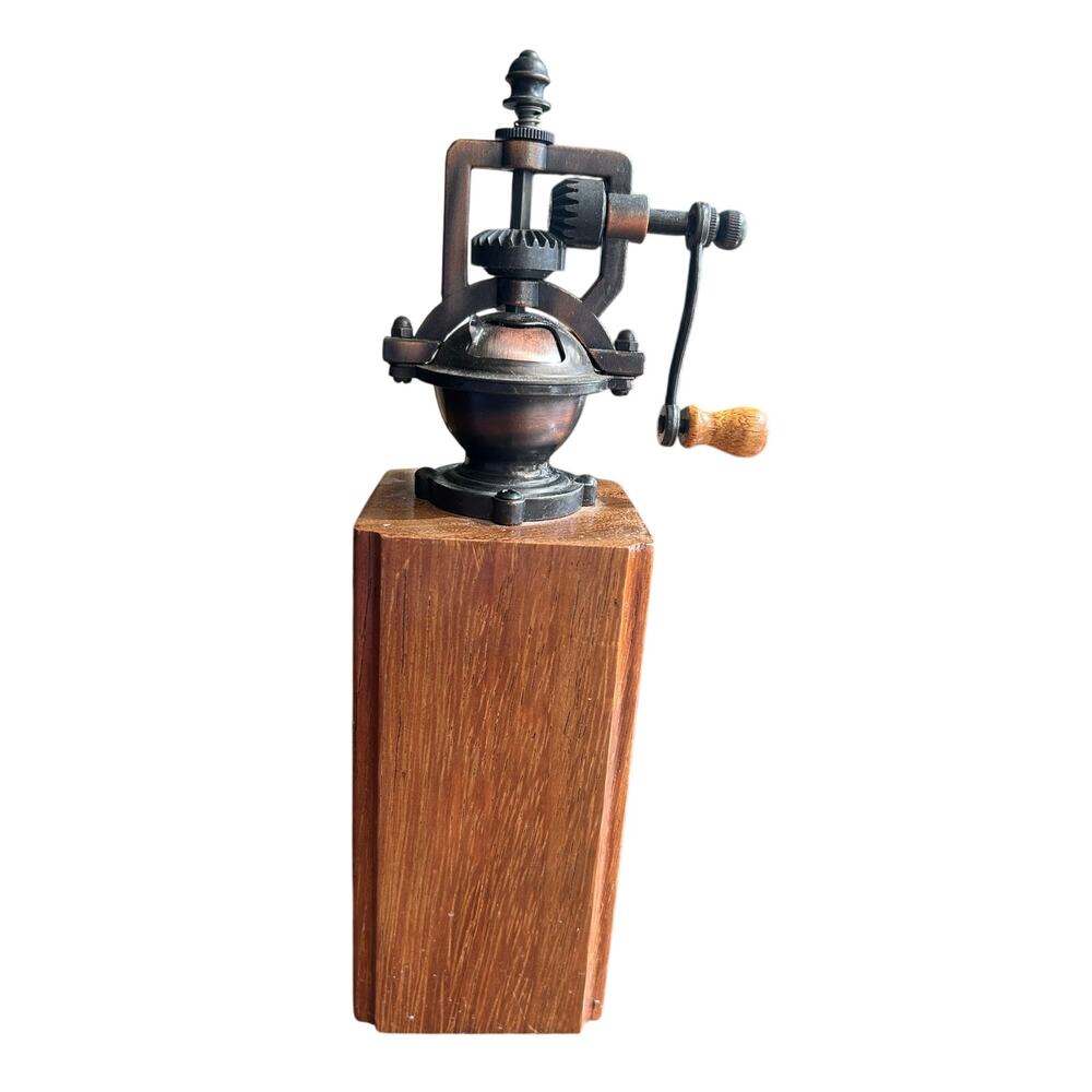 Vintage manual pepper mill hand carved wood wooden body signed